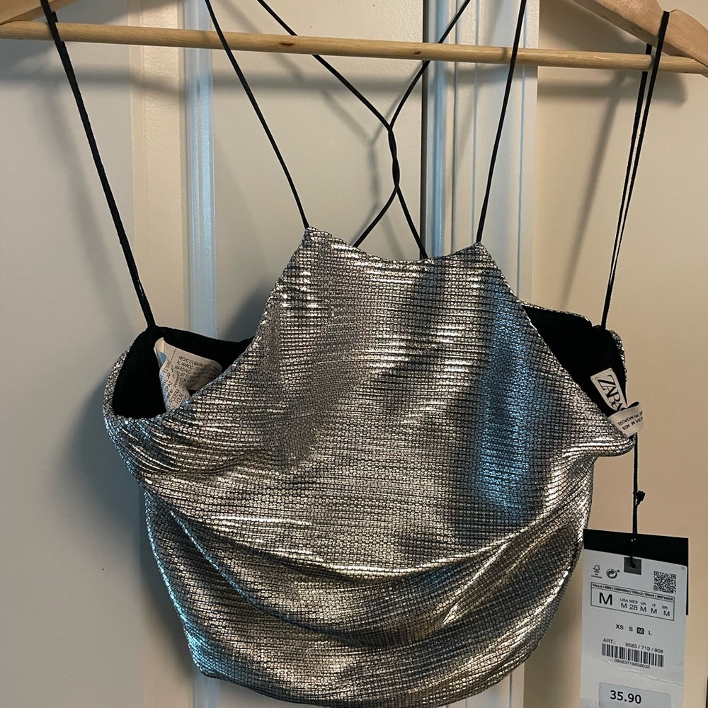 NWT - ZARA METALLIC SILVER STRING TOP - SIZE MEDIUM